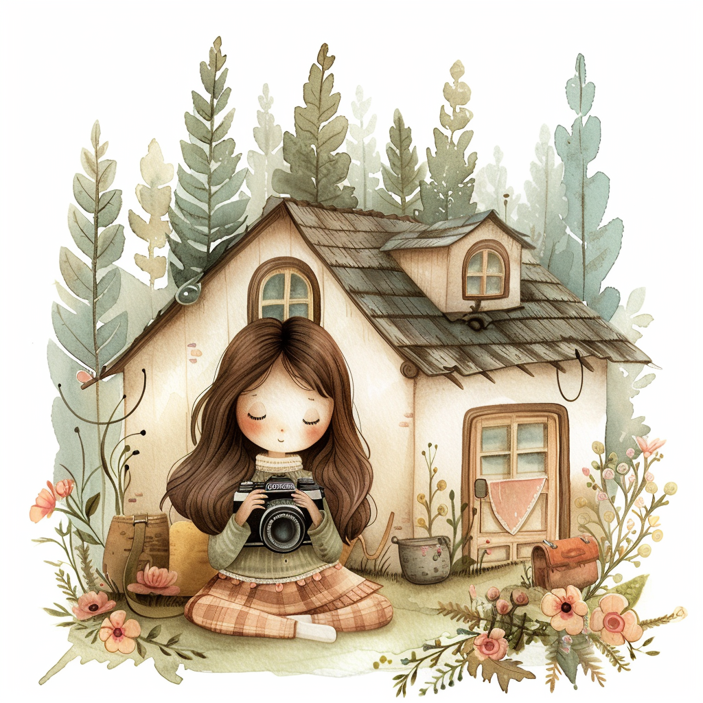Illustration von einer Fotografin, die mit ihrer Kamera in der Hand vor ihrem Haus sitzt.