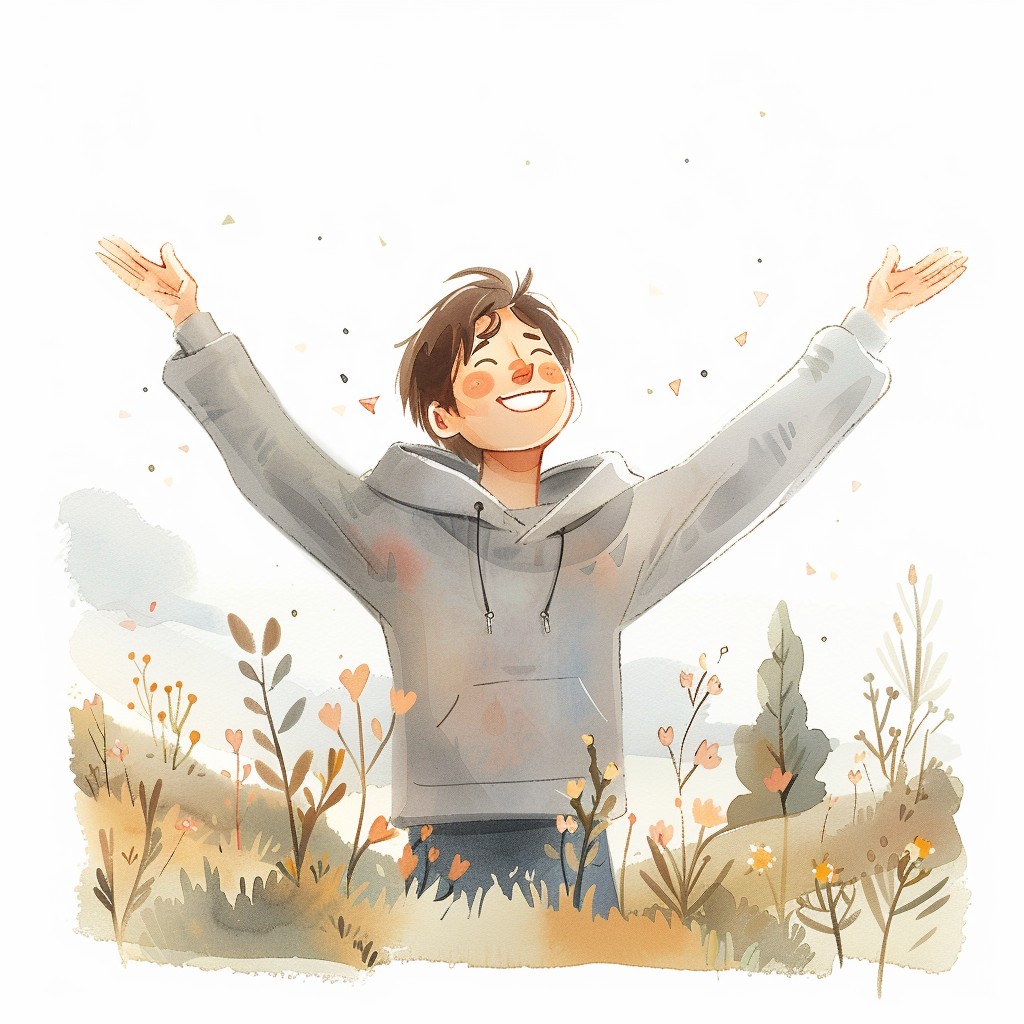 Illustration eines Jungen, der freudig die Hände hebt